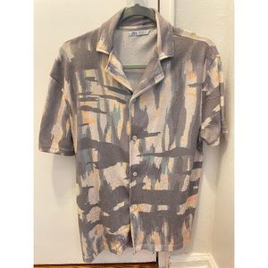 Zara Man linen Gray Geometric Print Button Shirt